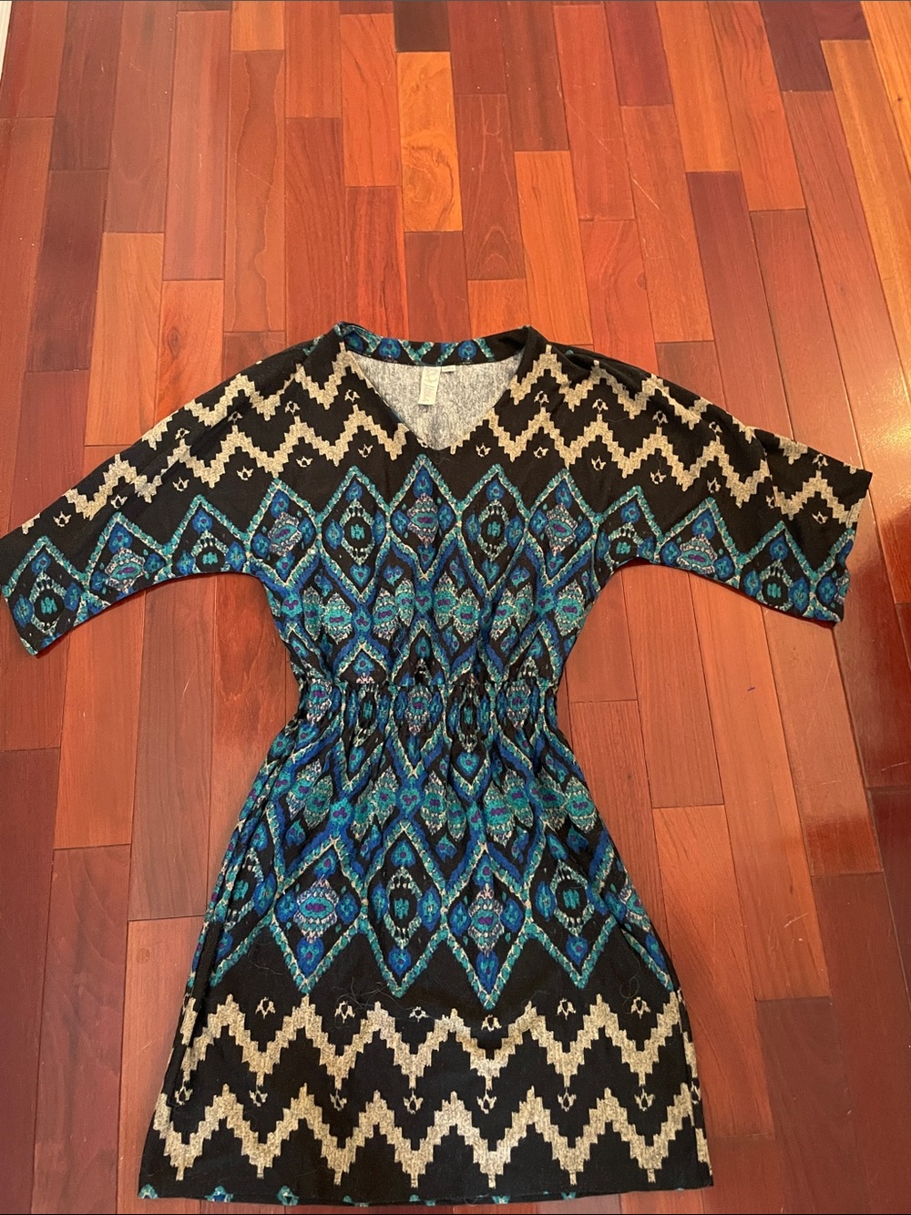 Emma Michele Black Dress with Blue and Teal Geometric Print